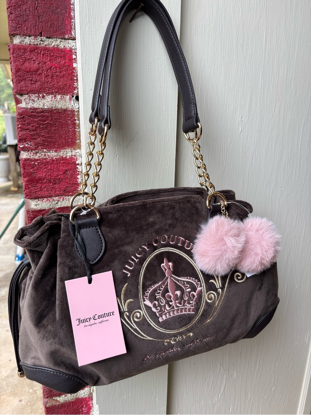 Juicy Couture Brown Suede Shoulder Bag with Pink Pom Pom Charm